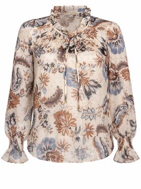 LOFT Cream Ruffled Tie-Neck Blouse with Blue & Brown Floral Print